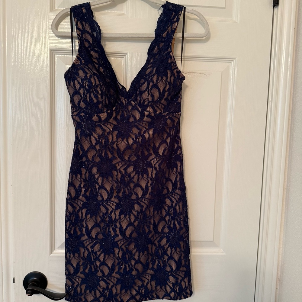 Jodi Kristopher Midnight Blue Lace Gown prom homecoming holiday elegant cruise